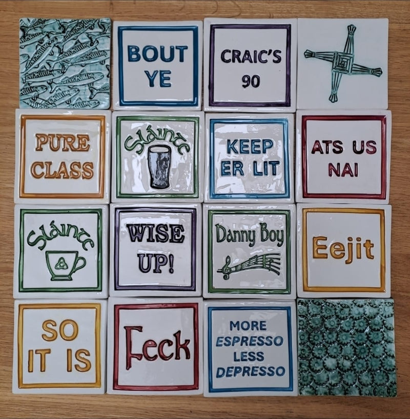 Grid of Irish slang tile coasters